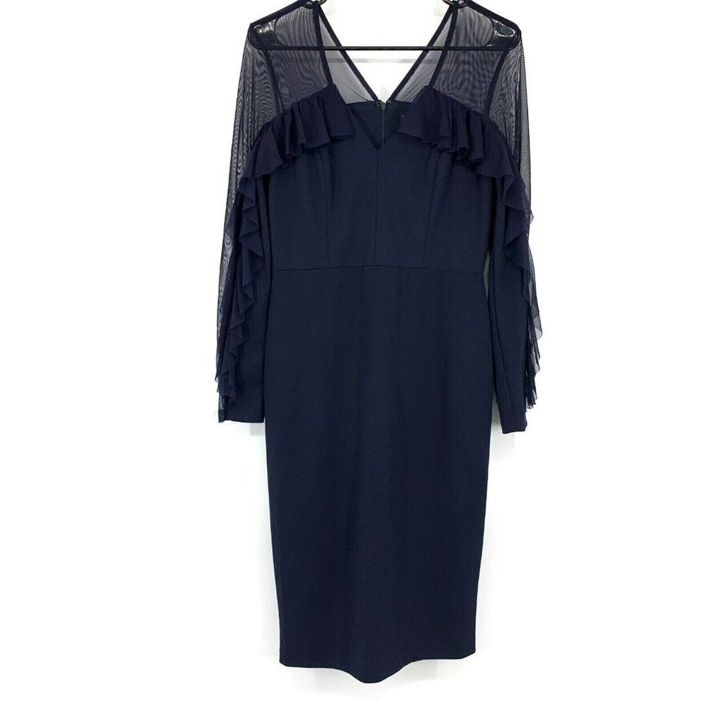 Maggy London Dress Navy Blue Sheer Illusion V Neck Long Sleeve Ruffle